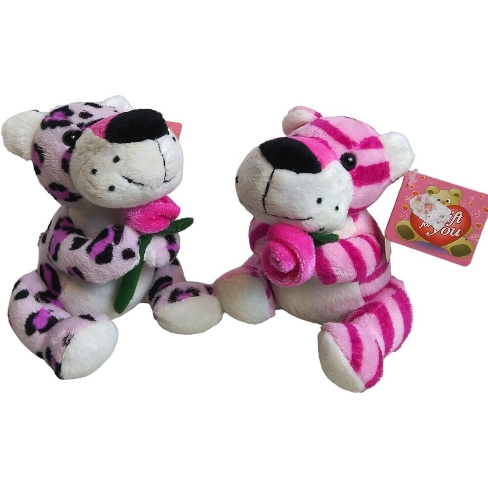 Fiesta Pink Tiger & Purple Cheetah Leopard with Rose (Lot of 2) Hard to Find 5"